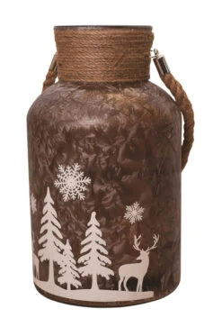 Northlight 12" Brown Winter Scene Christmas Pillar Candle Holder Lantern With Handle