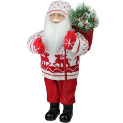 Northlight 18.5" Red And White Santa In Knit Deer Sweater With Sack Of Pine Christmas Figurine