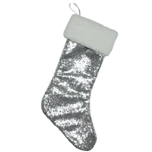 Northlight 18" Silver Sequins With A White Faux Fur Trim Christmas Stocking 1 Northlight 18" Silver Sequins With A White Faux Fur Trim Christmas Stocking