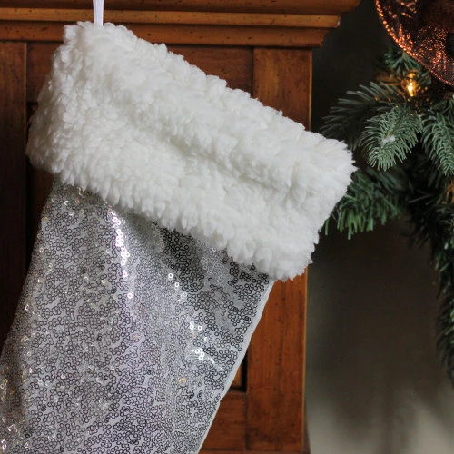 Northlight 18" Silver Sequins With A White Faux Fur Trim Christmas Stocking 3 Northlight 18" Silver Sequins With A White Faux Fur Trim Christmas Stocking - Image 3