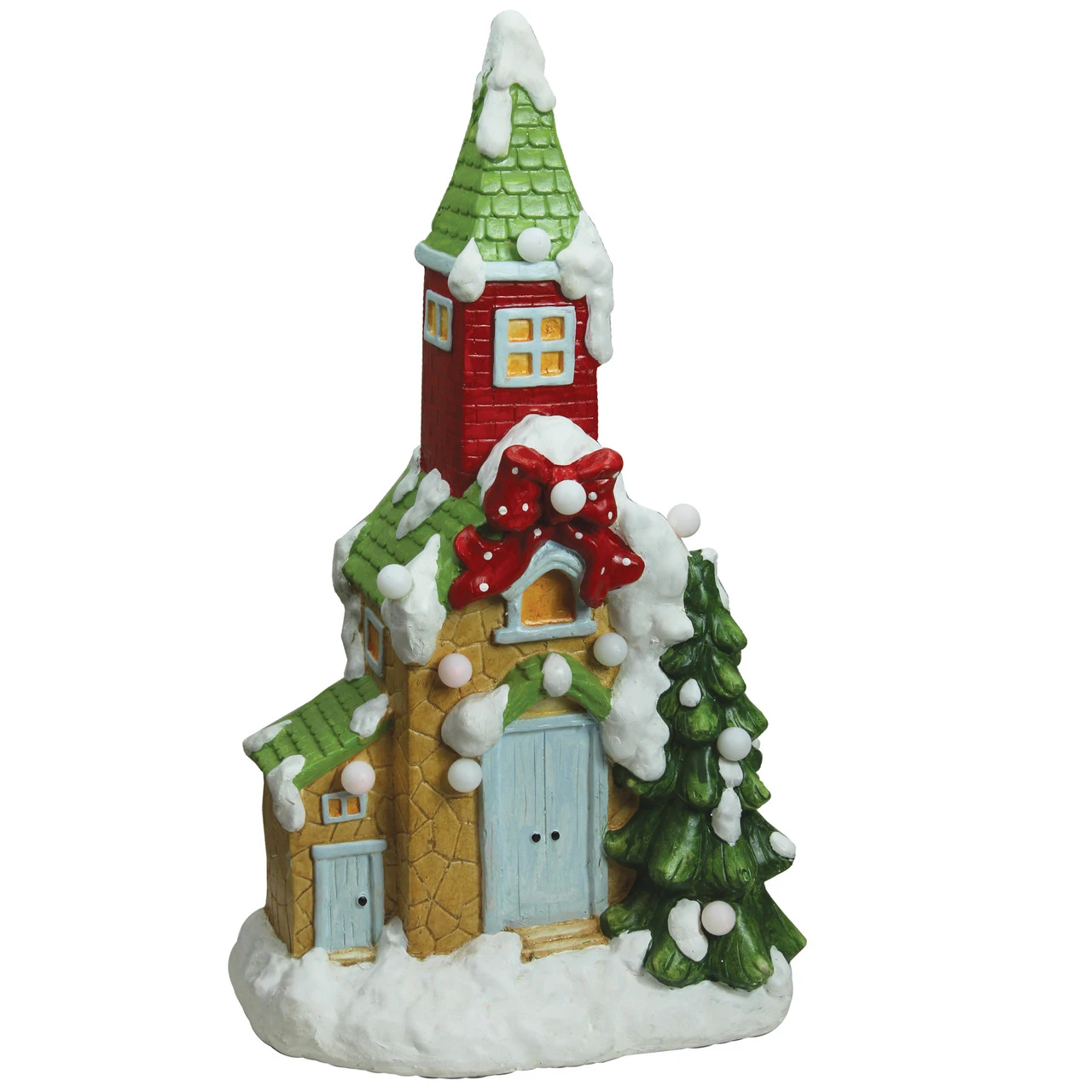 Northlight 21.25" Green And White Pre-Lit LED Snow Covered Church Christmas Tabletop Figurine 1 Northlight 21.25" Green And White Pre-Lit LED Snow Covered Church Christmas Tabletop Figurine
