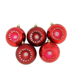 Northlight 5ct Red Retro Reflector Shatterproof 2-Finish Christmas Ball Ornaments 3.25" (80mm)