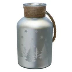 Northlight 12" Silver Matte Christmas Trees And Snowflakes Pillar Candle Holder With Handle