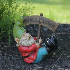 Northlight 10.5" Silly Gnome With Welcome Sign Outdoor Garden Statue -Chic Christmas Decoration northlight ag16099 3 03127.1588362443