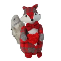 Northlight 11" Red And Gray Plaid Fox Holding Heart Christmas Tabletop Figurine