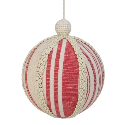 Northlight 6" White And Red Striped Ball Christmas Ornament With Rope Accent 1 Northlight 6" White And Red Striped Ball Christmas Ornament With Rope Accent