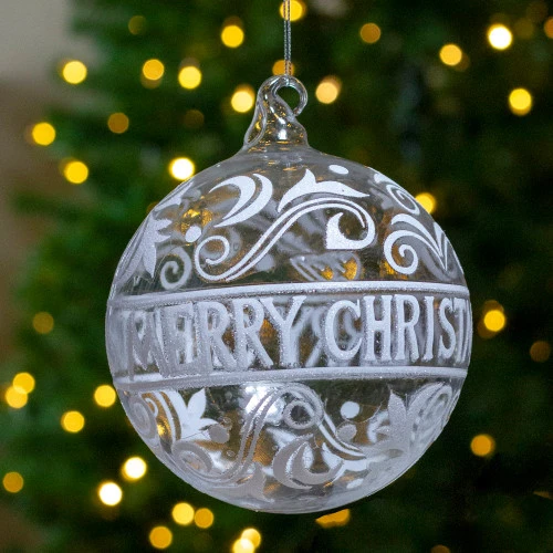 Northlight Clear And White Glass Merry Christmas Ball Ornament 6" (150mm) 2 Northlight Clear And White Glass Merry Christmas Ball Ornament 6" (150mm) - Image 2