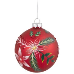 Northlight 4" Red Poinsettia And Holly Glass Christmas Ball Ornament
