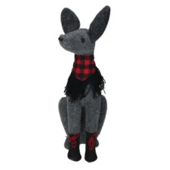 Northlight 14.5” Gray And Red Sitting Dog With Plaid Collar Christmas Decoration