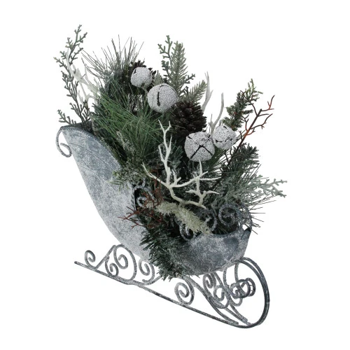 Northlight 9.5" Gray And Green Frosted Christmas Pinecone, Bell And Foliage Filled Tabletop Sleigh 2 Northlight 9.5" Gray And Green Frosted Christmas Pinecone, Bell And Foliage Filled Tabletop Sleigh - Image 2