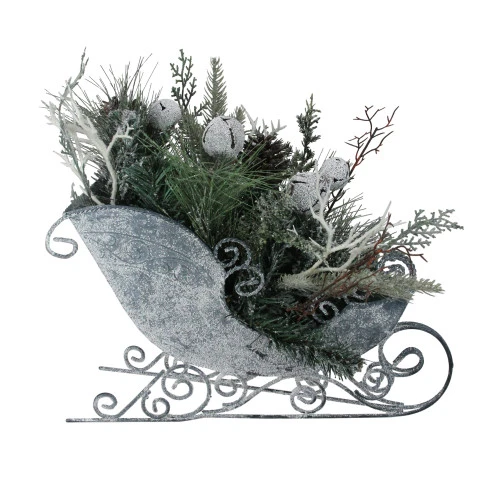 Northlight 9.5" Gray And Green Frosted Christmas Pinecone, Bell And Foliage Filled Tabletop Sleigh 1 Northlight 9.5" Gray And Green Frosted Christmas Pinecone, Bell And Foliage Filled Tabletop Sleigh