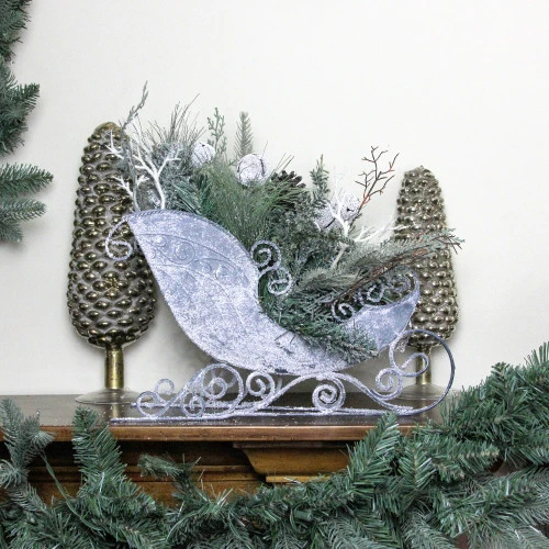Northlight 9.5" Gray And Green Frosted Christmas Pinecone, Bell And Foliage Filled Tabletop Sleigh 3 Northlight 9.5" Gray And Green Frosted Christmas Pinecone, Bell And Foliage Filled Tabletop Sleigh - Image 3
