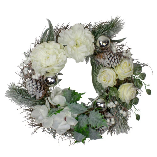 Northlight White And Silver Floral Flocked Pine Artificial Grapevine Christmas Wreath - 24-Inch, Unlit 1 Northlight White And Silver Floral Flocked Pine Artificial Grapevine Christmas Wreath - 24-Inch, Unlit
