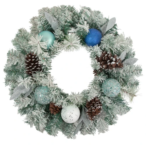 Northlight Flocked Pine With Blue And Silver Ornaments Artificial Christmas Wreath, 24-Inch, Unlit 1 Northlight Flocked Pine With Blue And Silver Ornaments Artificial Christmas Wreath, 24-Inch, Unlit