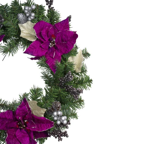 Northlight Purple Poinsettia And Silver Pine Cone Artificial Christmas Wreath - 24-Inch, Unlit 3 Northlight Purple Poinsettia And Silver Pine Cone Artificial Christmas Wreath - 24-Inch, Unlit - Image 3
