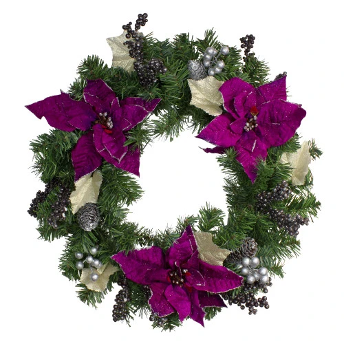 Northlight Purple Poinsettia And Silver Pine Cone Artificial Christmas Wreath - 24-Inch, Unlit 1 Northlight Purple Poinsettia And Silver Pine Cone Artificial Christmas Wreath - 24-Inch, Unlit