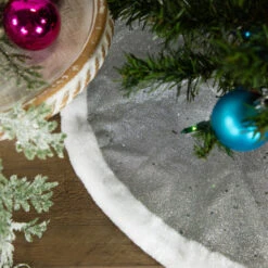 Northlight 20" Silver Glittered Mini Christmas Tree Skirt With White Fur Trim -Chic Christmas Decoration northlight l27918 styled 2 29916.1691160922