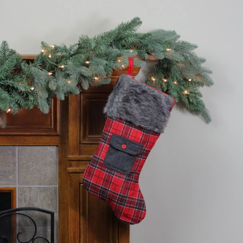 Northlight 20.5" Red And Black Plaid Christmas Stocking With Pocket And Faux Fur Cuff 2 Northlight 20.5" Red And Black Plaid Christmas Stocking With Pocket And Faux Fur Cuff - Image 2