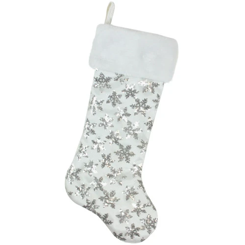 Northlight 19 White And Silver Sequin Snowflake Christmas Stocking 1 Northlight 19 White And Silver Sequin Snowflake Christmas Stocking