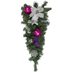 Northlight 24" Pre-Decorated Pink Ball Ornament And Poinsettia Artificial Christmas Teardrop Swag, Unlit