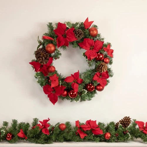 Northlight Poinsettia With Pinecone And Ball Artificial Christmas Wreath, 24-Inch, Unlit 2 Northlight Poinsettia With Pinecone And Ball Artificial Christmas Wreath, 24-Inch, Unlit - Image 2