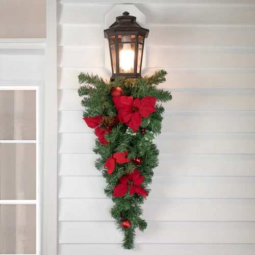 Northlight 32" Red Poinsettia Pine Cone And Ball Artificial Christmas Teardrop Swag, Unlit 2 Northlight 32" Red Poinsettia Pine Cone And Ball Artificial Christmas Teardrop Swag, Unlit - Image 2