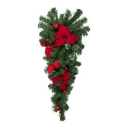 Northlight 32" Red Poinsettia Pine Cone And Ball Artificial Christmas Teardrop Swag, Unlit