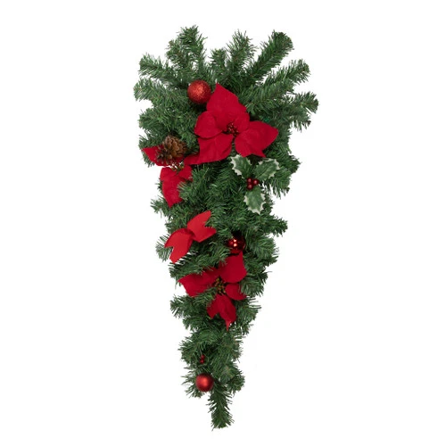 Northlight 32" Red Poinsettia Pine Cone And Ball Artificial Christmas Teardrop Swag, Unlit 1 Northlight 32" Red Poinsettia Pine Cone And Ball Artificial Christmas Teardrop Swag, Unlit