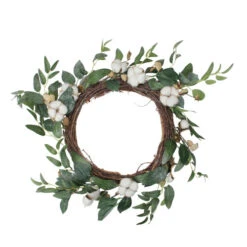 Northlight White Cotton Flowers With Foliage Spring Twig Wreath, 18-Inch, Unlit