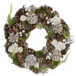 Northlight White Rose And Pine Cones Artificial Christmas Wreath, 13-Inch, Unlit