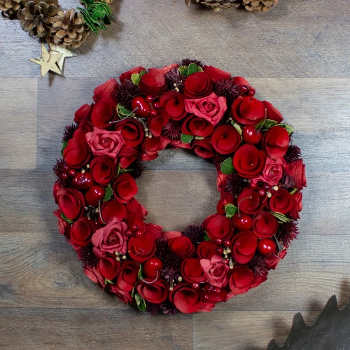 Northlight Red Wooden Rose And Berry Artificial Wreath, 13-Inch, Unlit 2 Northlight Red Wooden Rose And Berry Artificial Wreath, 13-Inch, Unlit - Image 2