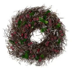 Northlight Frosted Brown Twig With Leaves And Berries Artificial Christmas Wreath - 13-Inch, Unlit