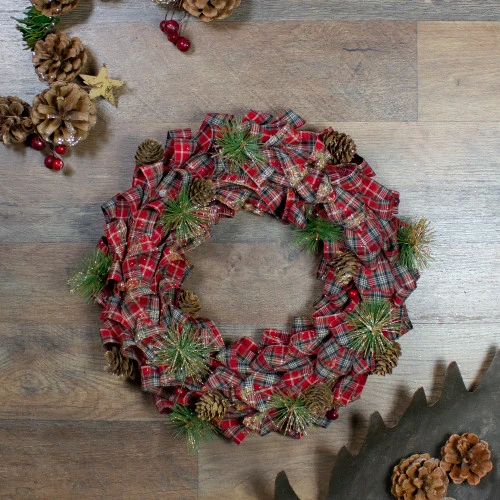 Northlight Red Plaid Bows And Pine Cones Artificial Christmas Wreath, 14.25-Inch, Unlit 2 Northlight Red Plaid Bows And Pine Cones Artificial Christmas Wreath, 14.25-Inch, Unlit - Image 2