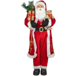 Northlight 48" Santa Claus With Teddy Bear And Gift Sack Standing Christmas Figure