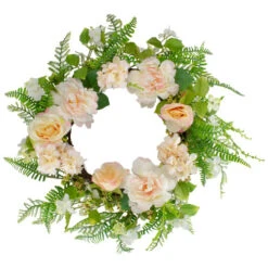 Northlight Rose And Peony Fern Artificial Floral Spring Wreath, Pink - 24-Inch