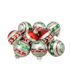 Northlight 9ct Shiny Silver With Red And Green Glitter Striped Vintage Christmas Ornaments 2.75 (55 Mm)