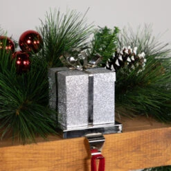Northlight 5.5" Silver Glitter Gift Box With Bow Christmas Metal Stocking Holder -Chic Christmas Decoration northlight wy15258 styled 2 03843.1691247510