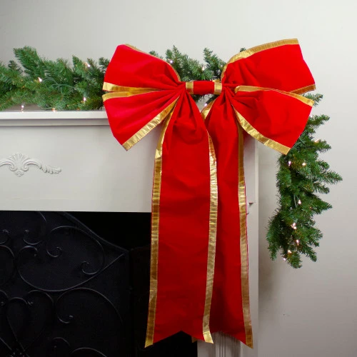 Northlight 24" X 38" Red 4-Loop Velveteen Christmas Bow With Gold Trim 2 Northlight 24" X 38" Red 4-Loop Velveteen Christmas Bow With Gold Trim - Image 2