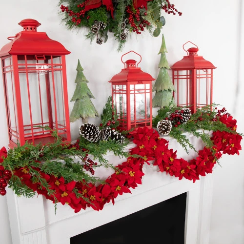 Northlight 6' X 3" Red Artificial Poinsettia Floral Christmas Garland - Unlit 2 Northlight 6' X 3" Red Artificial Poinsettia Floral Christmas Garland - Unlit - Image 2