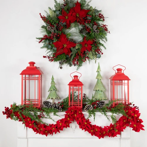 Northlight 6' X 3" Red Artificial Poinsettia Floral Christmas Garland - Unlit 3 Northlight 6' X 3" Red Artificial Poinsettia Floral Christmas Garland - Unlit - Image 3