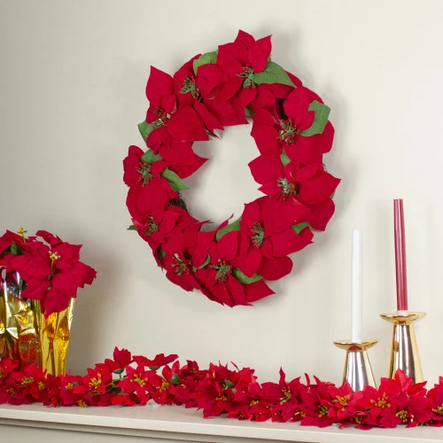 Northlight 24" Red Artificial Poinsettia Flower Christmas Wreath - Unlit 2 Northlight 24" Red Artificial Poinsettia Flower Christmas Wreath - Unlit - Image 2