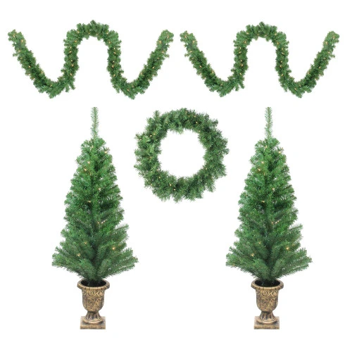 Northlight 5-Piece Pre-Lit Artificial Winter Spruce Christmas Trees, Wreath And Garland Set - Clear Lights 1 Northlight 5-Piece Pre-Lit Artificial Winter Spruce Christmas Trees, Wreath And Garland Set - Clear Lights