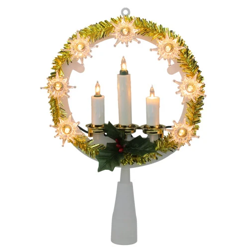 Northlight 8" Lighted Gold Tinsel Wreath With Candle Trio Christmas Tree Topper - Clear Lights 1 Northlight 8" Lighted Gold Tinsel Wreath With Candle Trio Christmas Tree Topper - Clear Lights