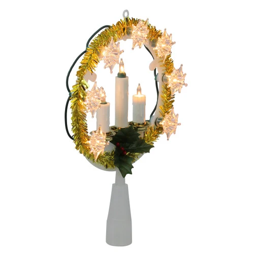 Northlight 8" Lighted Gold Tinsel Wreath With Candle Trio Christmas Tree Topper - Clear Lights 2 Northlight 8" Lighted Gold Tinsel Wreath With Candle Trio Christmas Tree Topper - Clear Lights - Image 2