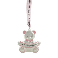 Northlight 3" Pink And Silver Teddy Bear 'Baby's First Christmas' Ornament