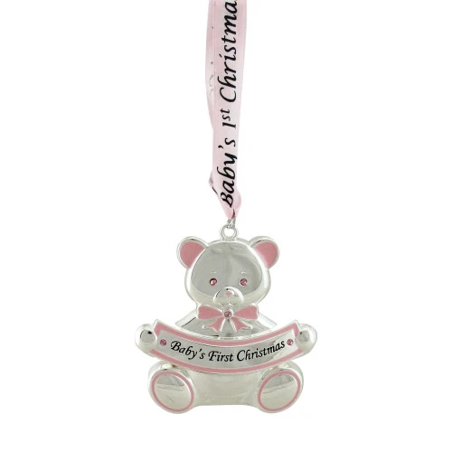 Northlight 3" Pink And Silver Teddy Bear 'Baby's First Christmas' Ornament 1 Northlight 3" Pink And Silver Teddy Bear 'Baby's First Christmas' Ornament