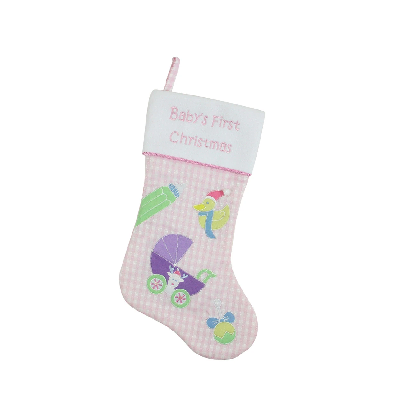 Northlight 18.5" Pink And White "Baby's First Christmas" Embroidered Stocking 1 Northlight 18.5" Pink And White "Baby's First Christmas" Embroidered Stocking