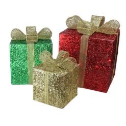 Northlight Set Of 3 Red Pre-Lit Glittering Gift Boxes Christmas Outdoor Decor 15"